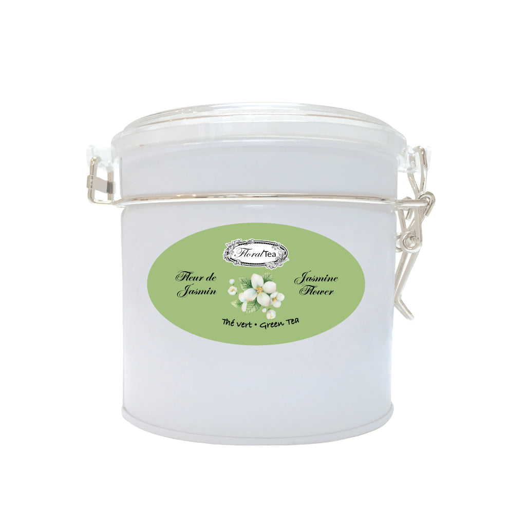 Boite de vrac en métal du mélange de thé vert au jasmin de Les thés FloralTea gourmet et santé fait à la main au Québec avec plantes médicinales pour aider à la relaxation et hautes en antioxydant. Végétalien, ingrédients naturels, biologique ou sauvages.