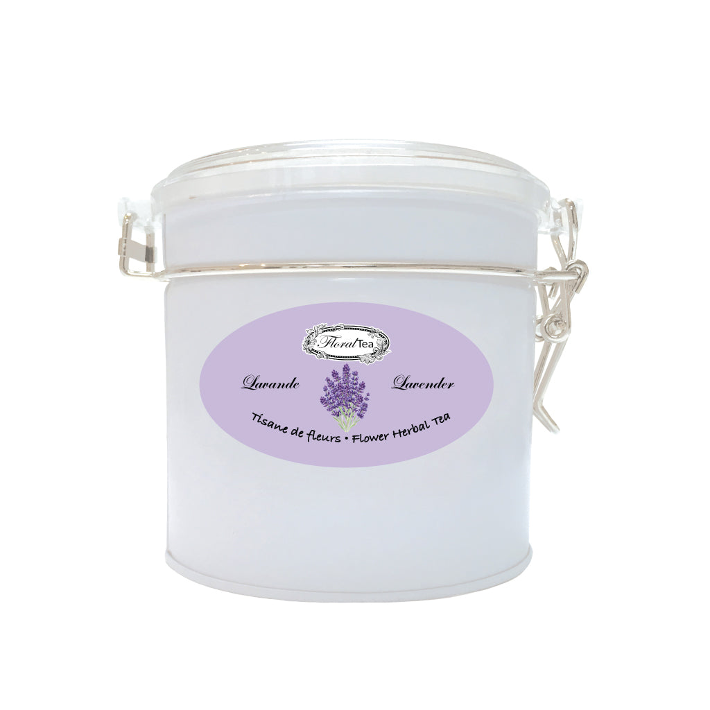 Boîte de vrac réutilisable du mélange de tisane de lavande de Les thés FloralTea gourmet et santé fait à la main au Québec avec des plantes médicinales pour aider à soulager le stress et à calmer tension, irritabilité et migraine d’origine nerveuse. Végétalien, ingrédients naturels, biologiques ou sauvages, sans caféine.