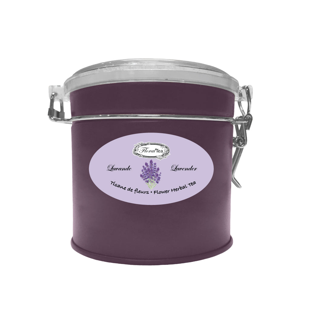 Boîte de vrac réutilisable du mélange de tisane de lavande de Les thés FloralTea gourmet et santé fait à la main au Québec avec des plantes médicinales pour aider à soulager le stress et à calmer tension, irritabilité et migraine d’origine nerveuse. Végétalien, ingrédients naturels, biologiques ou sauvages, sans caféine.