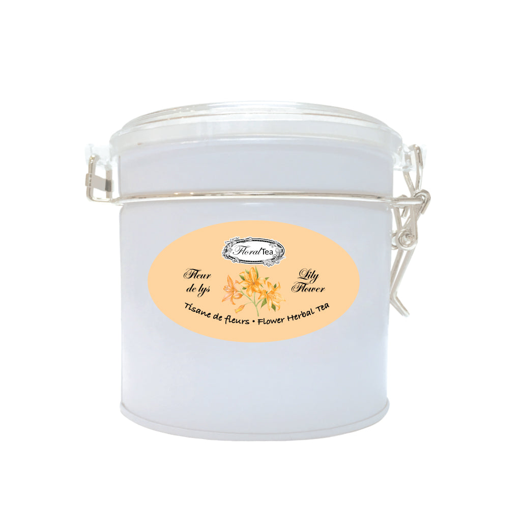 Boîte de vrac réutilisable du mélange de tisane de fleur de lys de Les thés FloralTea gourmet et santé fait à la main au Québec avec des plantes médicinales pour accroitre énergie, performance et endurance, tant physique que mentale, permettant de lutter contre les coups de fatigue et de booster la vitalité. Végétalien, ingrédients naturels, biologiques ou sauvages, sans caféine.