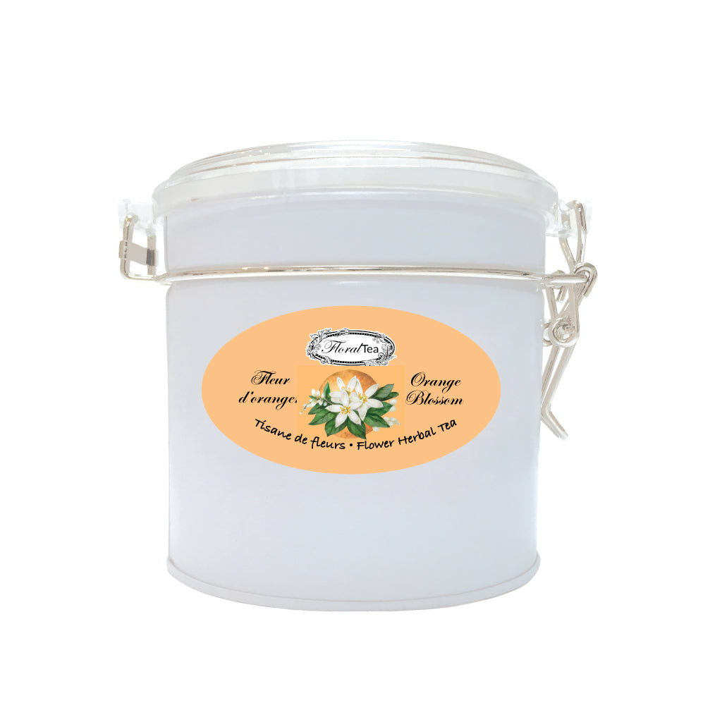 Boîte de vrac réutilisable du mélange de tisane de fleur d’oranger de Les thés FloralTea gourmet et santé fait à la main au Québec avec plantes médicinales pour renforcer le systèmes digestifs et immunitaires, aider à la perte de poids, contrôler la glycémie et favoriser le sommeil. Végétalien, ingrédients naturels, biologique ou sauvages, sans caféine.