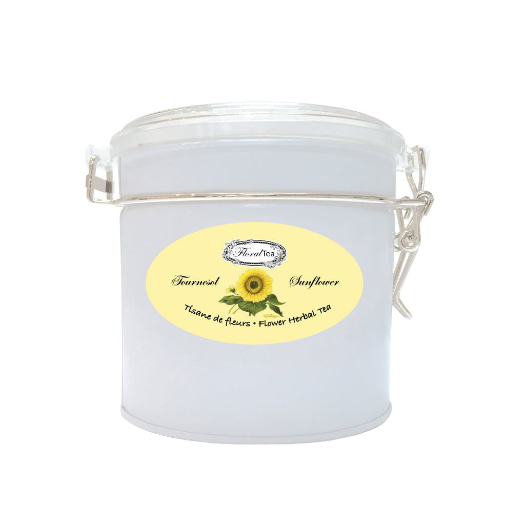 Boîte de vrac réutilisable du mélange de tisane de fleur de Tournesol de Les thés FloralTea gourmet et santé fait à la main au Québec avec plantes médicinales pour assainir le foie et la vésicule biliaire. Végétalien, ingrédients naturels, biologique ou sauvages, sans caféine.