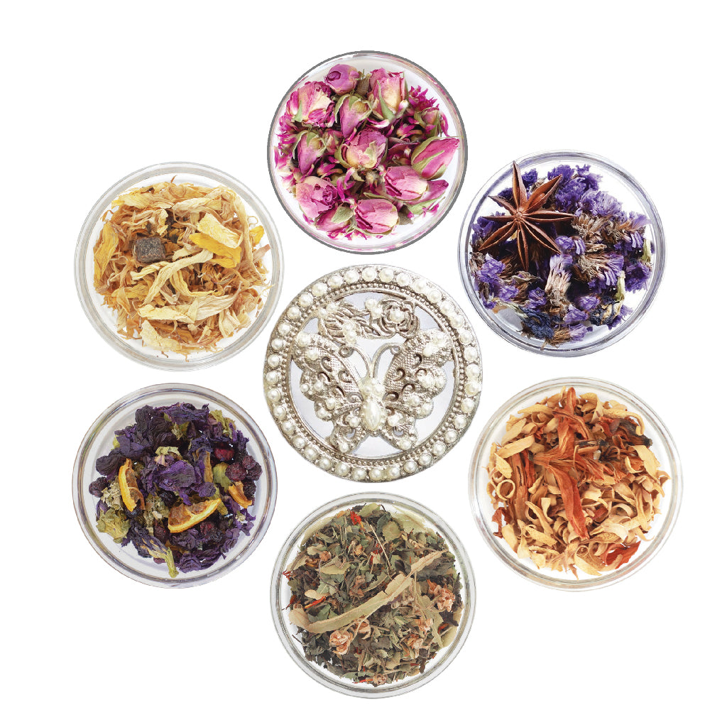 Mélanges uniques de tisanes de fleurs de Les thés FloralTea gourmet et santé fait à la main au Québec de fleur de Myosotis, d'Oranger, Tilleul, Mauve des bois, Tournesol et Rose