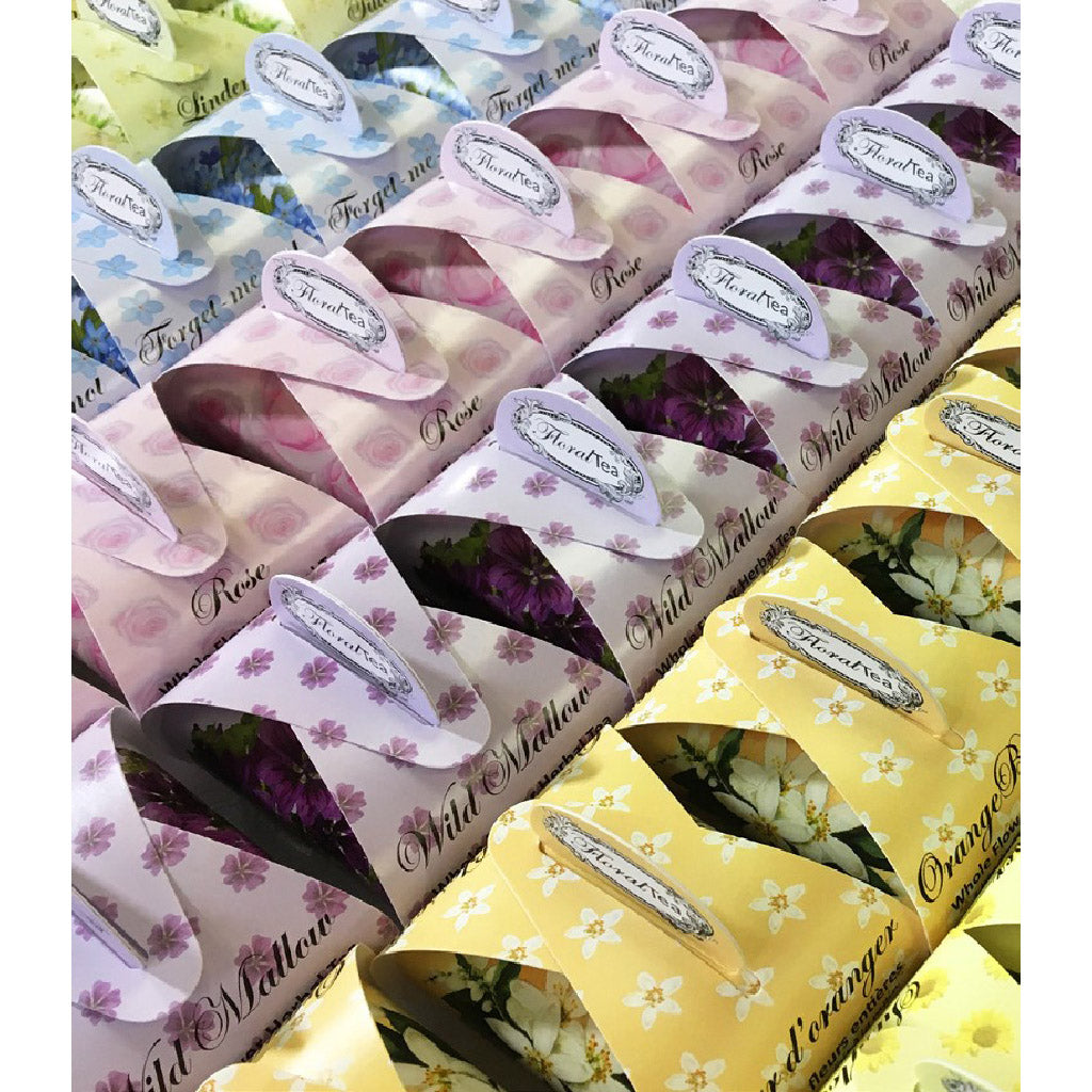 idée cadeau réception, mariage et bonbonnières, ballotin événementiel de 1 sachet de tisane de fleurs de Les thés FloralTea gourmet et santé fait à la main au Québec de Myosotis, Rose, Mauve des bois, Tilleul, Oranger et Tournesol