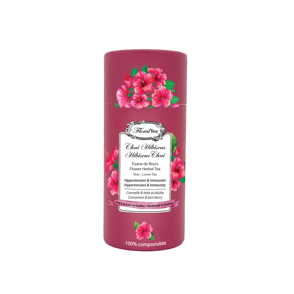 Tube de vrac compostable du mélange de tisane de fleurs chai hibiscus de Les thés FloralTea gourmet et santé fait à la main au Québec avec plantes médicinales pour réduire la pression artérielle, aider à la perte de poids, la digestion, l’immunité et la relaxation. Végétalien, ingrédients naturels, biologique ou sauvages, sans caféine.