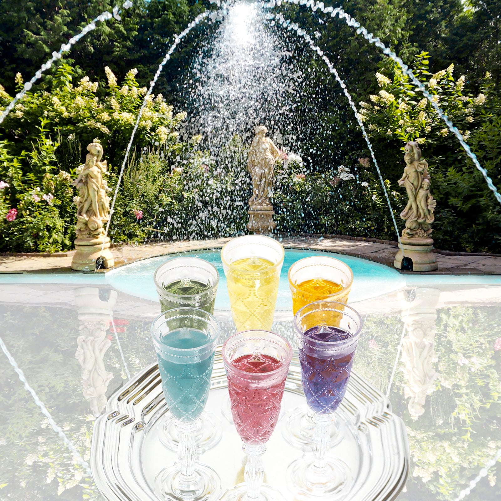 idée mocktail / cocktail réception, mariage et garden party de tisane de fleurs de Les thés FloralTea gourmet et santé fait à la main au Québec de Myosotis, Rose, Mauve des bois, Tilleul, Oranger et Tournesol