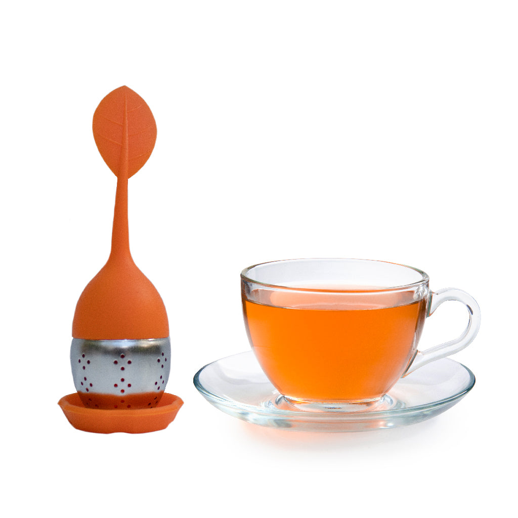 Infuseur individuel orange harmonisé aux couleurs de notre mélange et boîte de tisane de fleur d’oranger en vrac de Les thés FloralTea