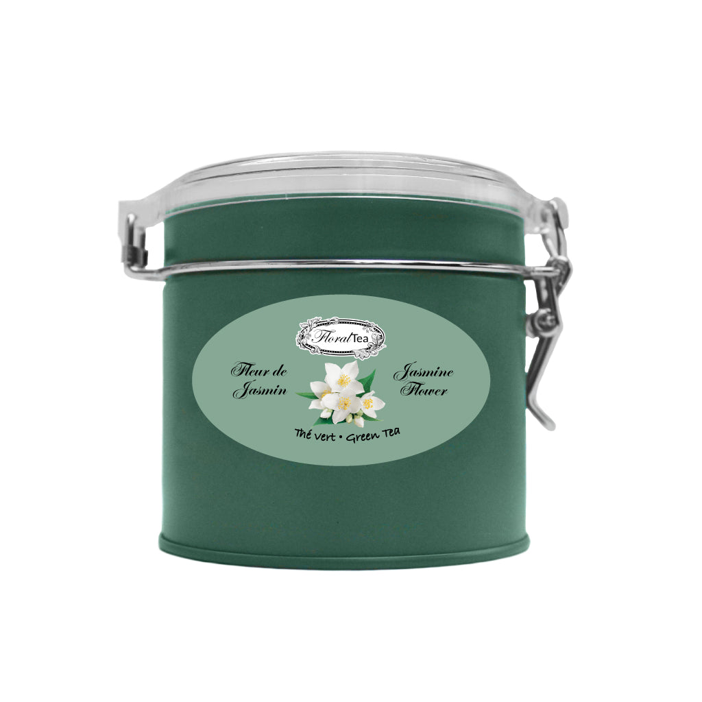 Boîte de vrac réutilisable du mélange de tisane de fleurs thé vert au jasmin de Les thés FloralTea gourmet et santé fait à la main au Québec avec plantes médicinales pour pour aider à la relaxation et hautes en antioxydant. Végétalien, ingrédients naturels, biologique ou sauvages, sans caféine.